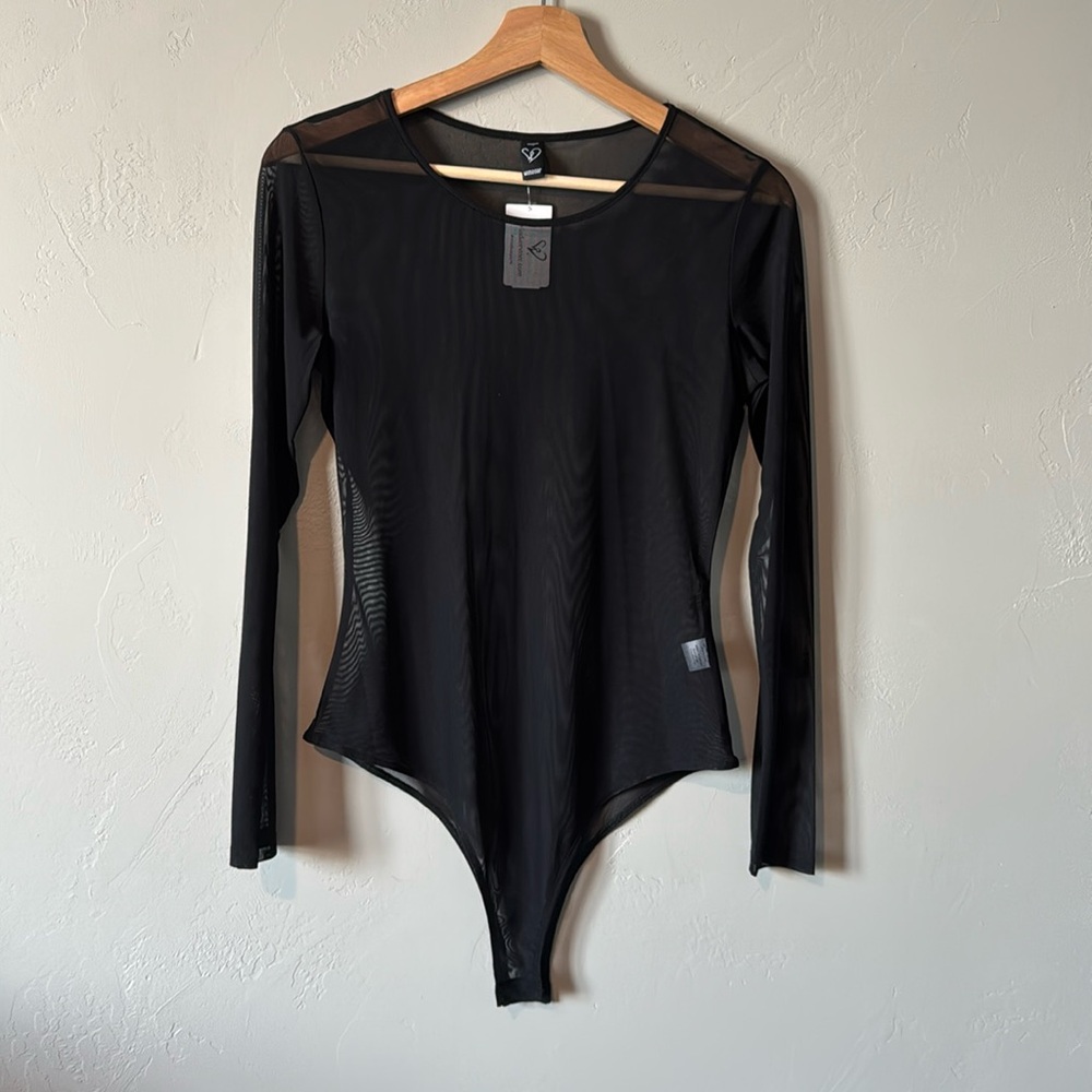 Long-Sleeve Black Mesh Bodysuit